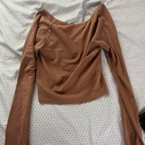 Aerie Brown Asymmetrical Fitted Long Sleeve Blouse